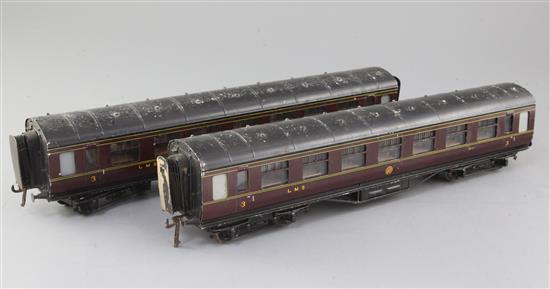 A pair of Exley LMS centre aisle dining coaches, no. 9001 and 9000, in crimson
